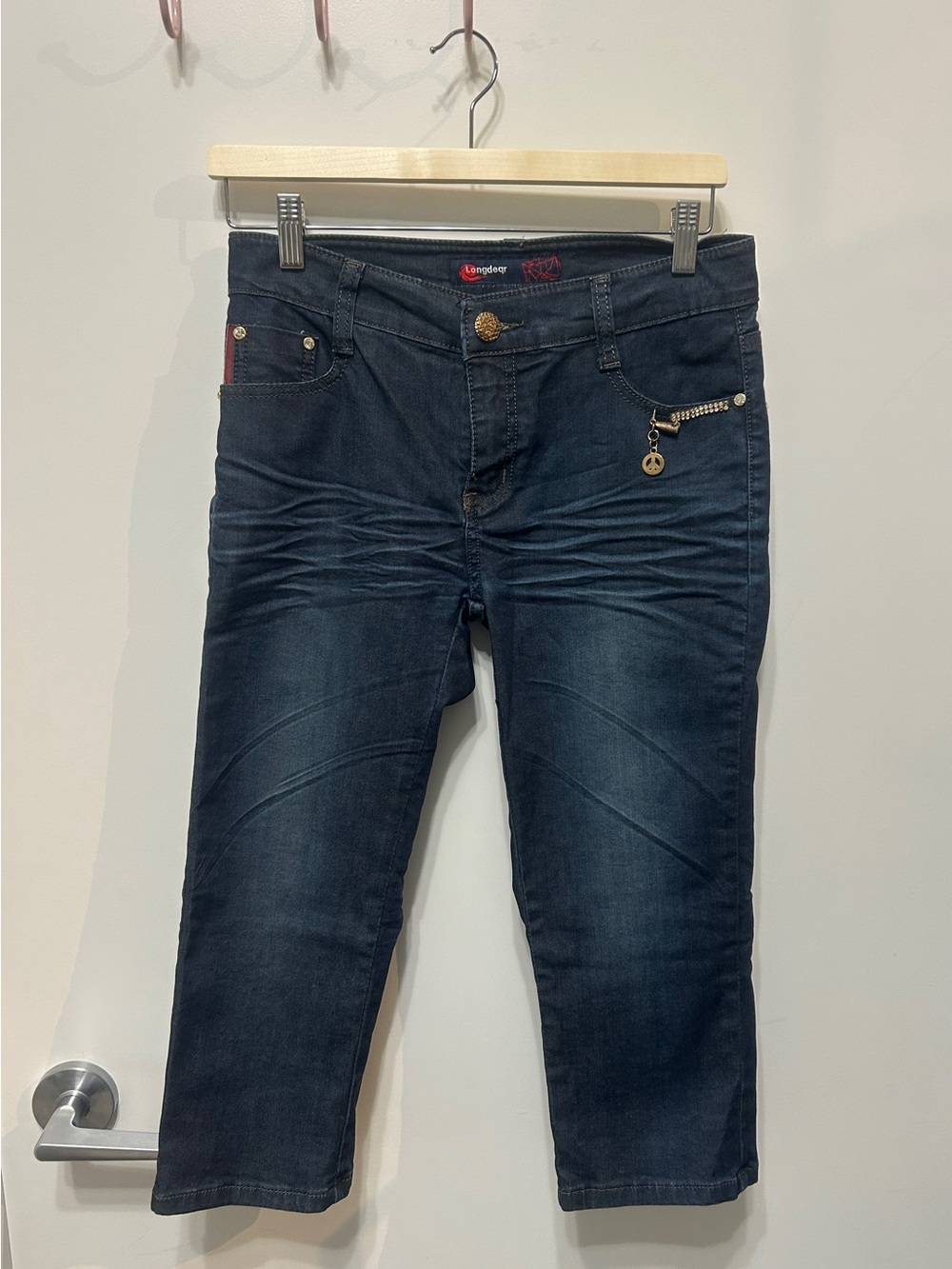 Womens Dark Indigo Vintage Bermuda Jeans with Gold Accent